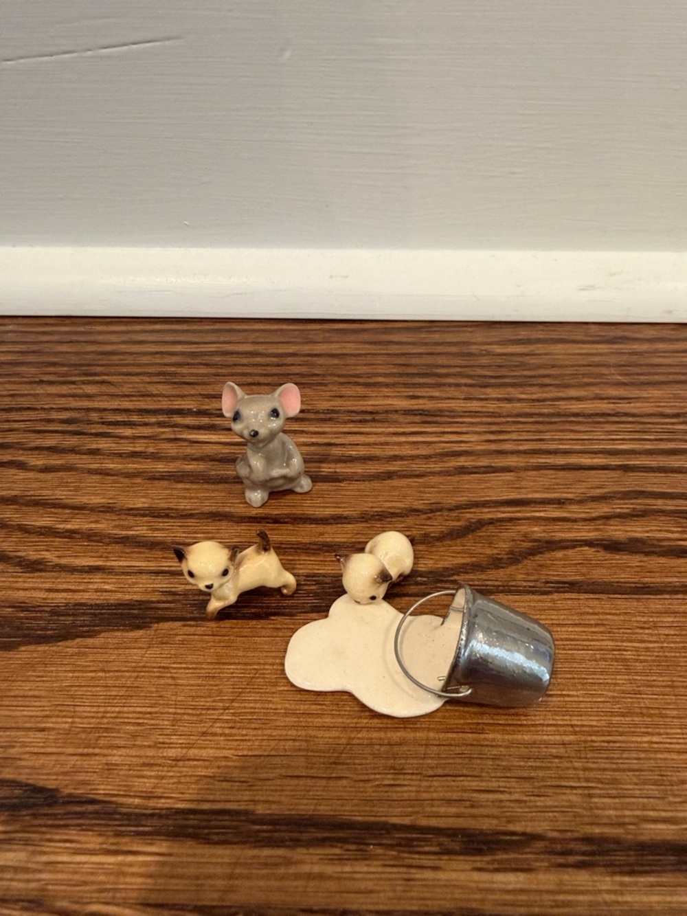 Vintage Hagen Renaker Miniature Pail of Spilled Milk & Drinking Kitty & Mouse